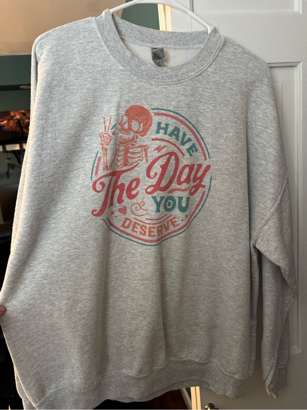 Gildan Heather Gray Crewneck Sweatshirt with Red & Teal Retro Graphic